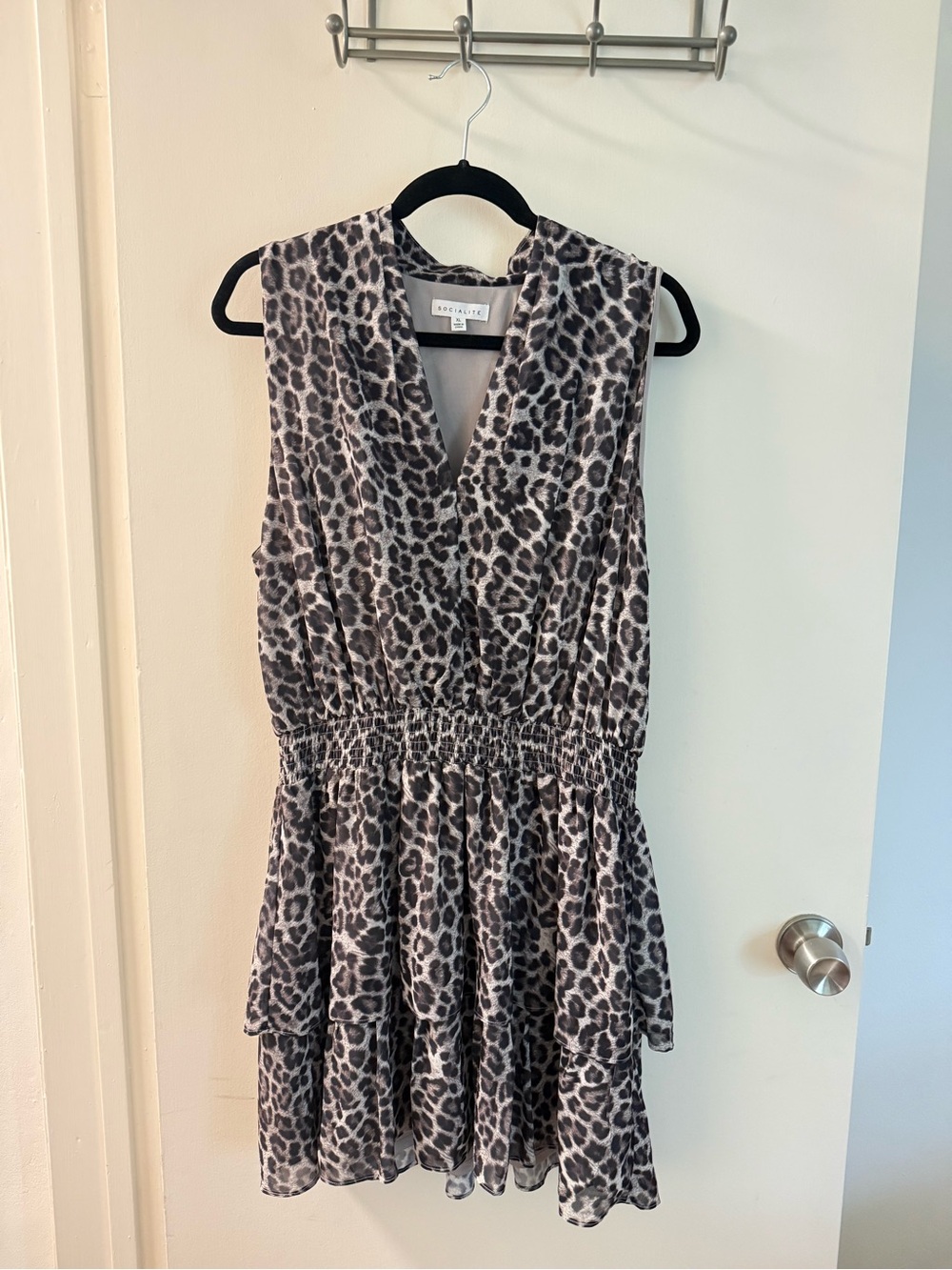 Socialite Black and Gray Leopard-Print V-Neck Dress